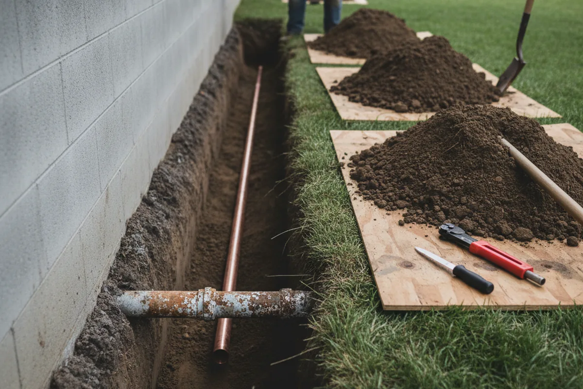 Excavated water line trench during Sewer Line Repair in Park City